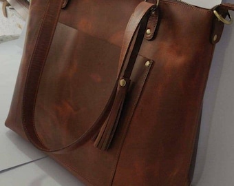 Personalized Leather Tote Bag, Full Grain Zipper Handbag, Anniversary Gift