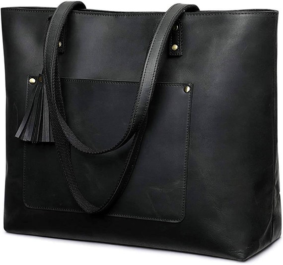 Leather Tote Bag with Zipper, Genuine Leather Tote Bag | Mayko Bags Black