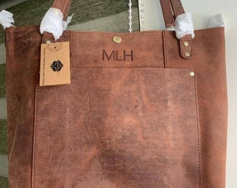 Leather Tote Bag, Huge Sale, Leather Anniversary Gift for Women, Tote with Button Option, Laptop Work Student Bag, Tote with Zipper Option