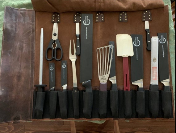 Chef's Knife Roll, 10 Pocket Canvas and Leather Knife Bag