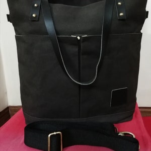 Gewachste Canvas Tasche, Crossbody bag, Einkaufstasche, Umhängetasche, Wasserabweisende Handtasche mit Reißverschluss, Echtledergriffen und langem Baumwollgurtband
