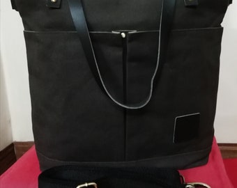 Waxed Canvas Tote Bag, Leather Handles, Crossbody Strap