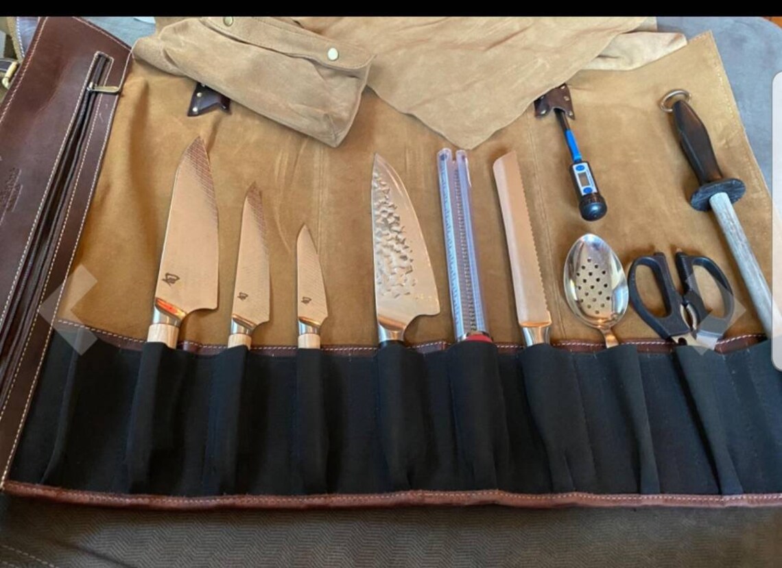 Leather Knife Roll Storage Bag Gift for chef Elastic and Etsy