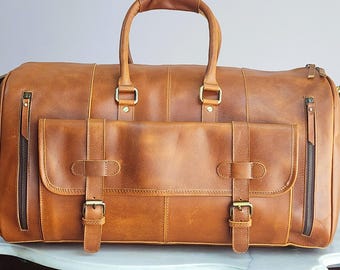 Full Grain Leather Duffle Bag/Monogrammed Leather Weekender Bag/Leather Holdall For Men/Christmas Gifts For Him/Personalised Gift For Him