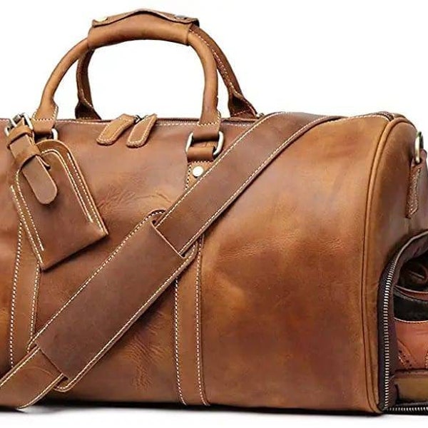 Sac de sport en cuir fait main avec compartiment à chaussures Grand sac de week-end personnalisé Vacances Vacances Sac de voyage Meilleur cadeau homme Cadeau garçon d'honneur