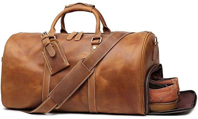 Handmade Leather Duffle Bag with Shoe Compartment Personalized image 0