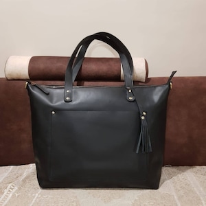 Bolso de mano de cuero negro extra grande de 20", bolso de computadora de trabajo y viaje de gran tamaño, bolso de compras grande, bolso de computadora portátil de cuero unisex, regalo del día de la mujer