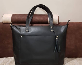 Extra Large Black Leather Tote Bag, Work Travel Computer Bag