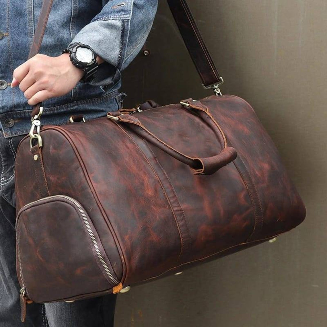 Handmade Leather Duffle Bag With Shoe Compartment Personalized | Etsy UK