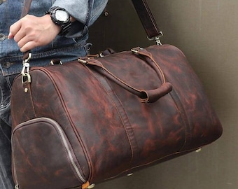 Full Grain Leather Duffle Bag With Shoe Compartment Personalized Mens Travel Bag Weekend Luggage Bag Unique Christmas Gifts,Carry-on Bag