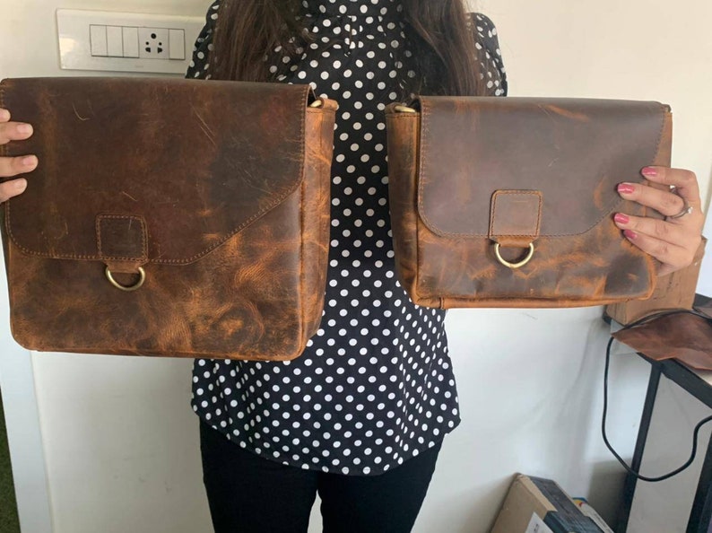 Vintage läderväska, handväska med handtag, axelväska, messengerväska, crossbodyväska damväska i läder, tre storlekar bild 4