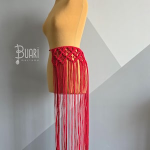 Red Macrame Apron Skirt Cover-Up, Waist Wrap with Long Tassels , Fringe Overskirt, Waist Accessory