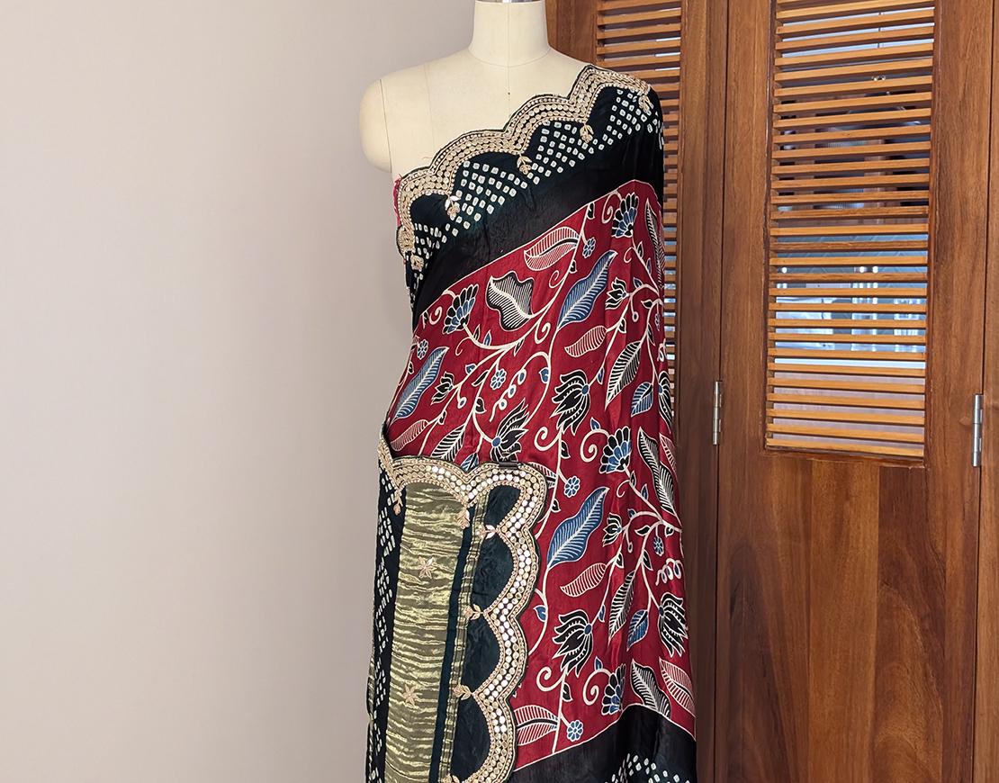 Moroon Modal Silk Bandhani Ajrakh Gota Patti Saree
