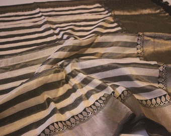 Beige Black Pure Cotton Tissue Banarasi Handloom Saree