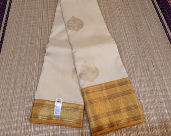 Off White Gold Pure Kanjivaram Silk Saree with 1gm Gold Zari