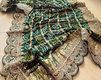 Bandhani de seda Gaji verde Gota Patti Saclloped Dupatta