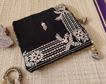 Black Pure Organza Gota Patti Handwork Saree