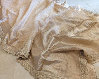 Beige Pure Banarasi Crushed Tissue Silk Saree