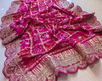 Bandhani de seda Gaji rosa Gota Patti Saclloped Dupatta