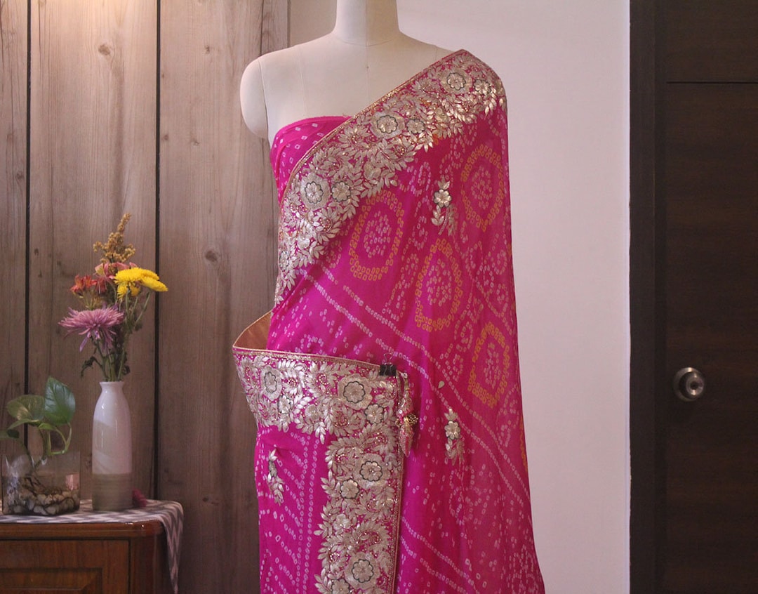 振袖ピンク（PATTI PATTI) Pink Pure Crepe Rai Bandhej Gota Patti Handwork Saree - Etsy