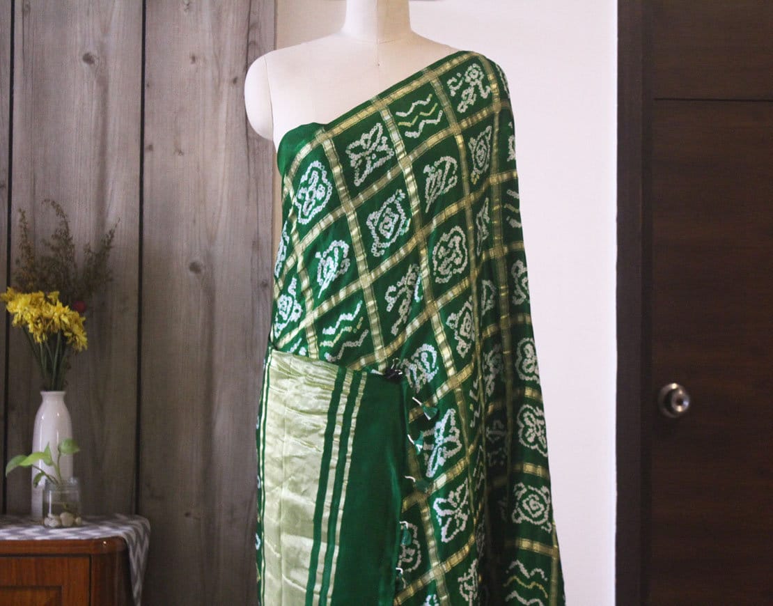 Green Pure Gaji Silk Bandhnai Gharchola Saree