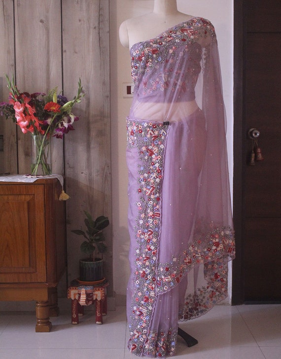 Lilac Pure Organza Silk Hand Embroidered Saree