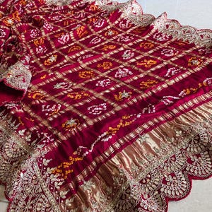 Red Gaji Silk Bandhani Dupatta | Gota Patti Handwork | Scalloped Edge Dupatta | Pure Silk | Indian Ethnic Wear | Festive Dupatta