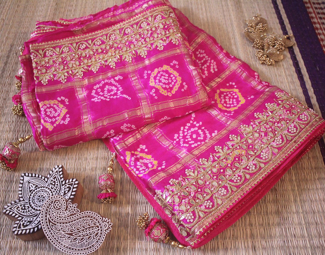 Pink Pure Gaji Silk Bandhani Gota Embroidered Saree - Etsy