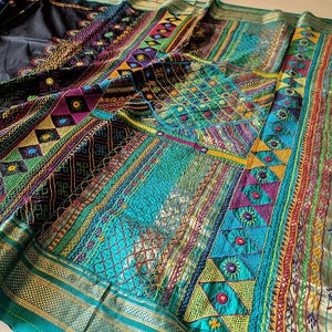 Gorgeous Black Pure Ilkal Silk Saree with Lambani Hand Embroidery & Mirror Work | Handwoven | GI-Tagged Art Form | Blouse Piece Included