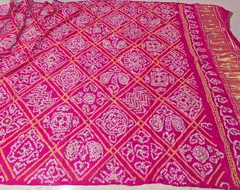 Pink Gaji Silk Bandhani Dupatta | Gota Handwork, Ethnic Wear