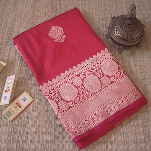 Hot Pink Banarasi Handloom reine Katan Seide Saree
