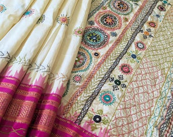 Pale Yellow Pure Ilkal Silk Saree with Lambani Hand Embroidery