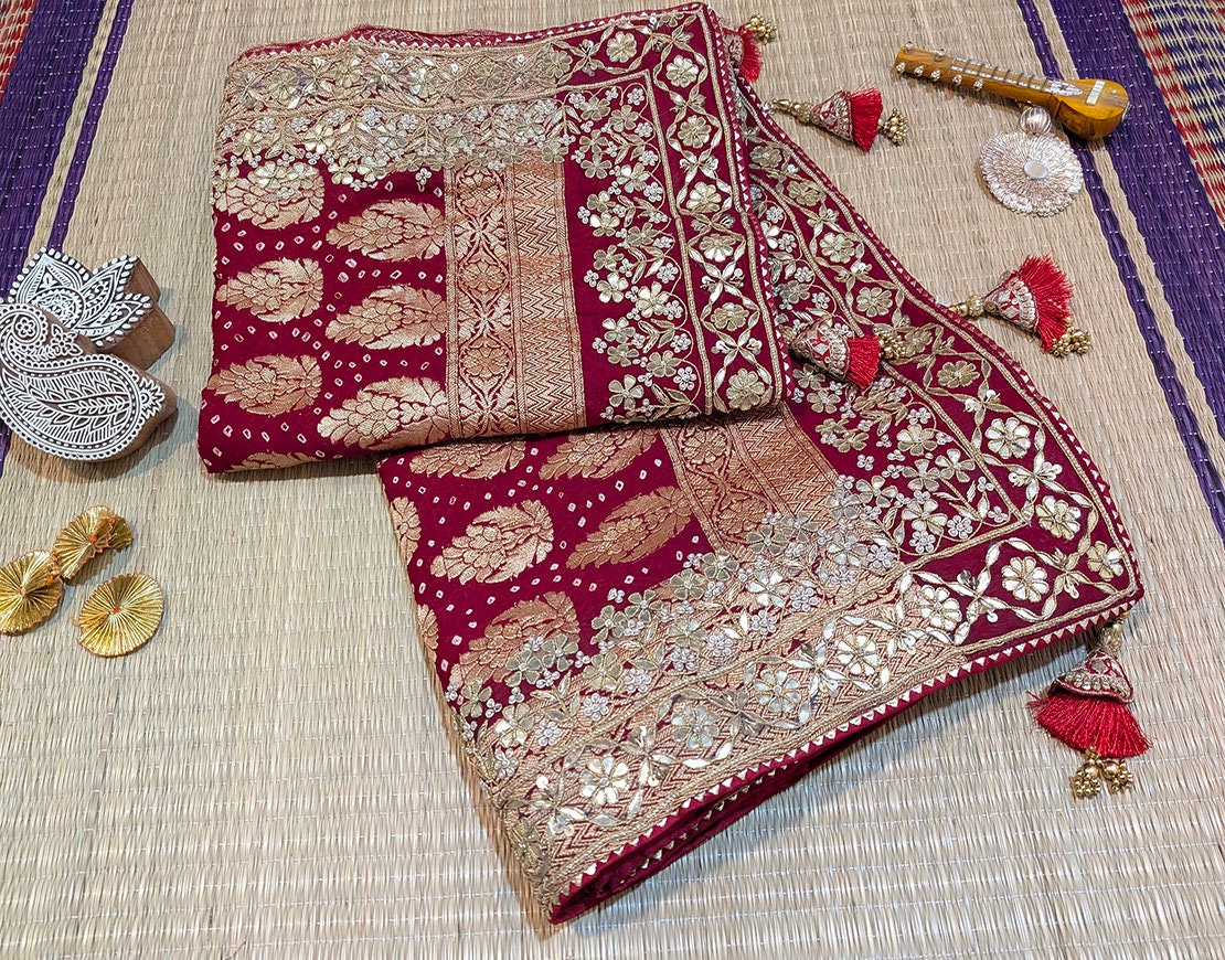 Red Banarasi Georgette Bandhani Gota Work Saree