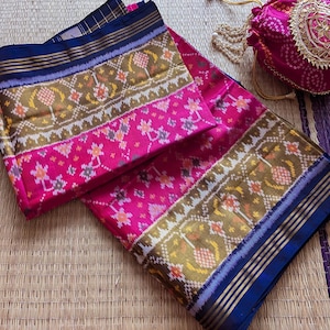 Pink Blue Pure Mulberry Silk Rajkot Patola Saree
