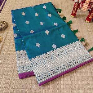 Turquoise Banarasi Handloom Pure Katan Silk Konia Saree