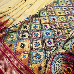 Pale Yellow Pure Ilkal Silk Lambani Handwork Saree
