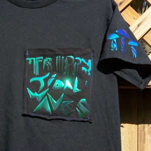 One-of-a-Kind Trippytidalwaves T-shirt with holographic Mushrooms