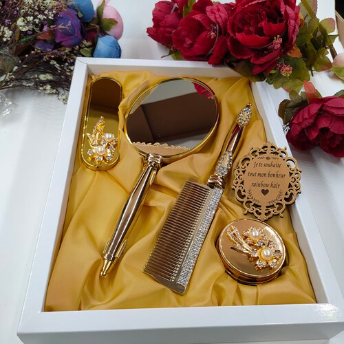 Personalized Brush Mirror and Comb Set Makeup Gold Hand Held Etsy