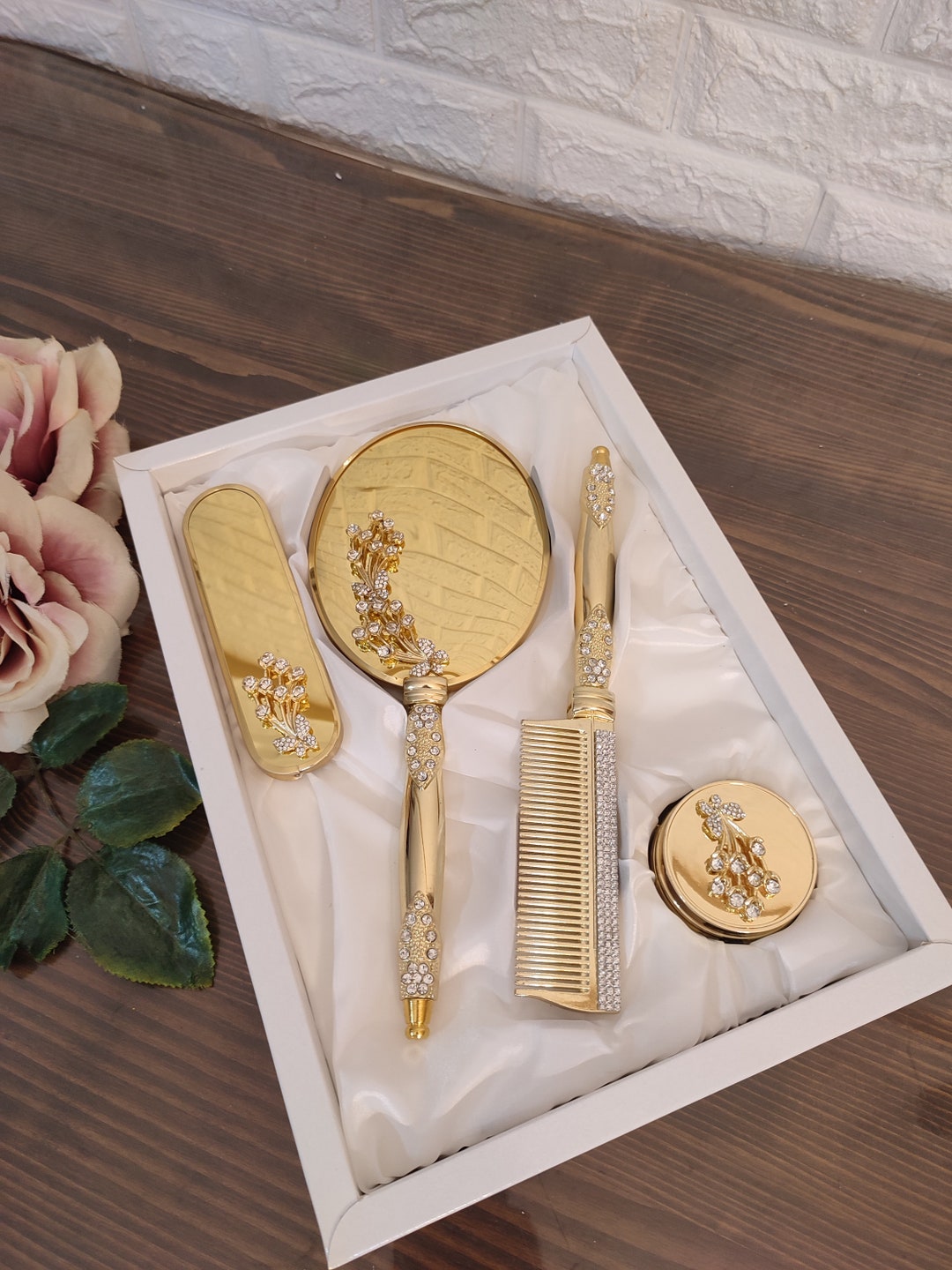 Personalized Brush Mirror and Comb Set Makeup Gold Hand Held Etsy