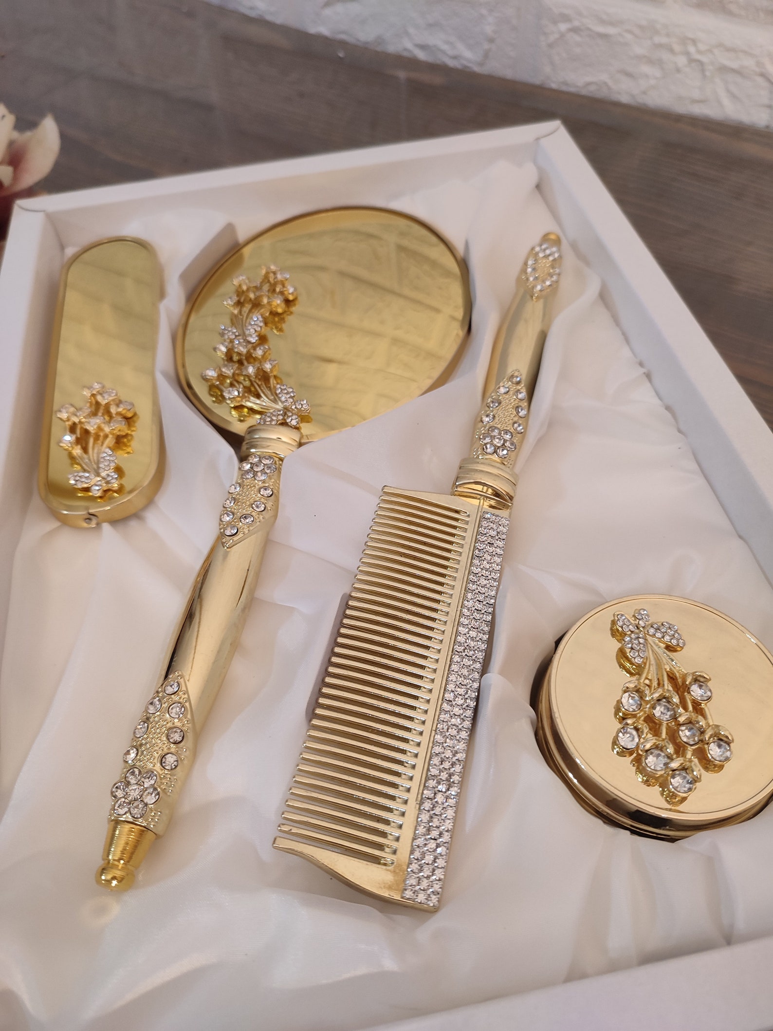 Personalized Brush Mirror and Comb Set Makeup Gold Hand Held Etsy