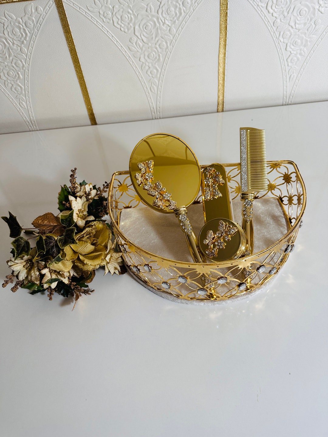 Gold Mirror Vintage Mirror Antique Hand Mirror Brush and - Etsy