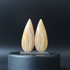 Pode incluir: Dois cabochões de ágata em forma de lágrima com um padrão em camadas e bandas em tons de branco, marrom e laranja. Os cabochões são exibidos em um suporte circular preto.