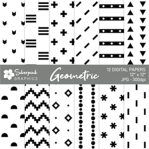 Black and White Geometric Digital Paper Pack, Seamless Scandi Patterns, Scrapbook Papers and Backgrounds, Minimalist Patterns / SP015