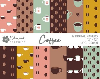 Coffee Digital Paper Pack, Scrapbook Papers and Backgrounds, Coffee Cups, Coffee Bean Patterns / SP008