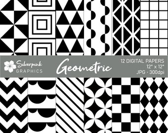 Black and White Geometric Digital Paper Pack, Bold Patterns, Scrapbook Papers and Backgrounds, Triangles, Squares / SP009