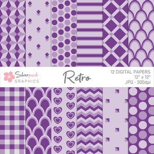 Purple Retro Digital Paper Pack, Bold Geometric Patterns, Scrapbook Papers and Backgrounds, Polka Dot, Scale Seamless Patterns / SP017