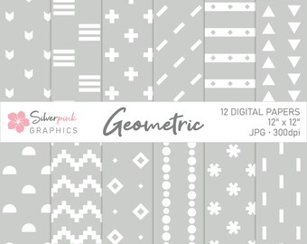 Gray and White Geometric Digital Paper Pack, Seamless Scandi Patterns, Scrapbook Papers and Backgrounds, Minimalist Patterns / SP016