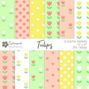Tulpen Digital Paper Pack, Frühling Blumen Scrapbook Papiere und Hintergründe, Polka Dots, Herzen, Ostern, Muttertag, Pastell Farben / SP002