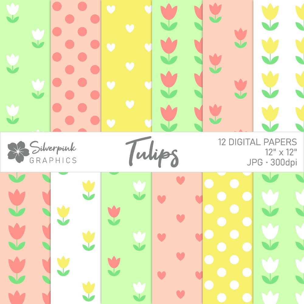 Tulips Digital Paper Pack, Spring Flowers Scrapbook Papers and Backgrounds, Polka Dots, Hearts, Easter, Mother's Day, Pastel Colors / SP002
