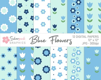 Blue Flowers Digital Paper Pack, Spring Flowers Scrapbook Papers and Backgrounds, Easter, Mother's Day / SP003